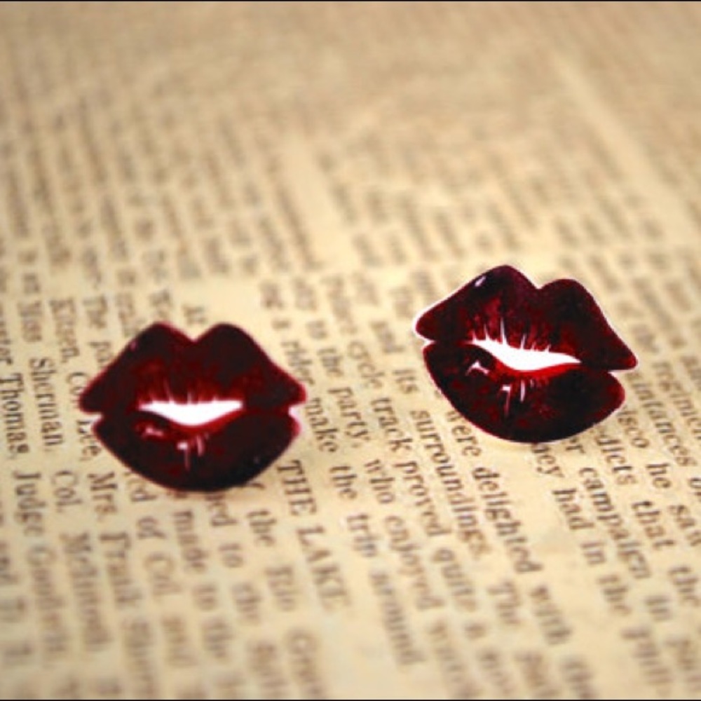 Red Lip Earrings - Studs, Kisses, Handmade